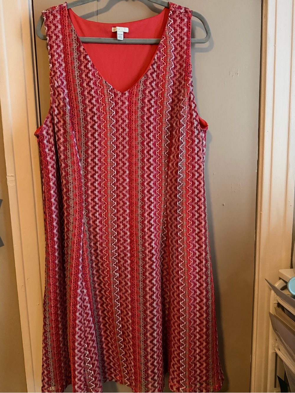 Cato Red and Pink Sleeveless V-Neck Zigzag A-Line Dress